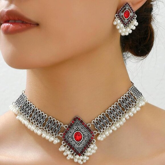 🆕 Women Red Traditional Necklace Dangling Jhumkas Perfect Indian Jewelry Gift - Picture 7 of 7
